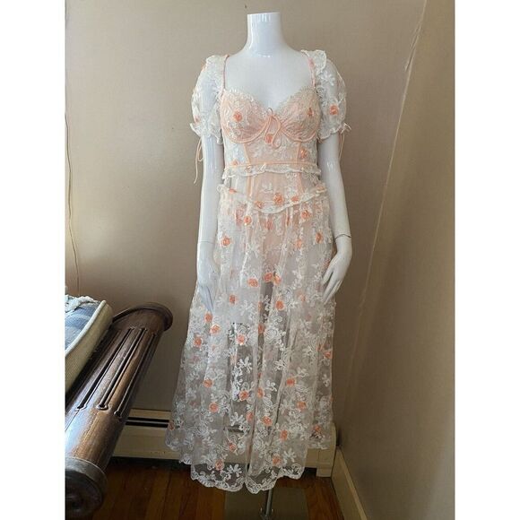 For Love and Lemons Tessa White Floral Appliqué Embroidered Midi Dress Sz M $369 - Picture 7 of 16